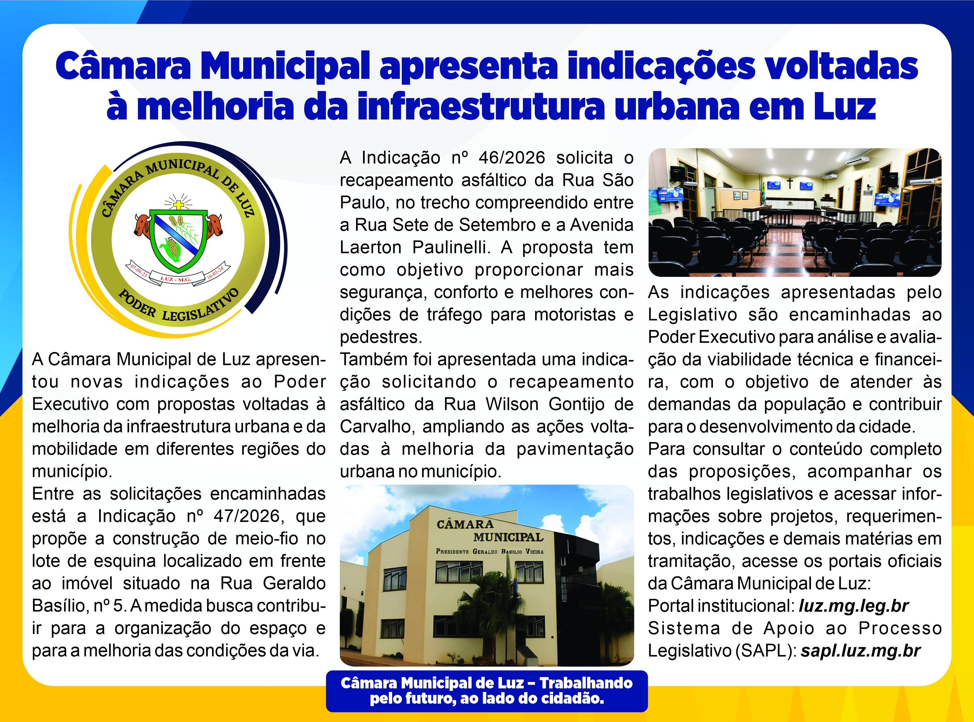 Câmara Municipal apresenta indicações voltadas à melhoria da infraestrutura urbana em Luz